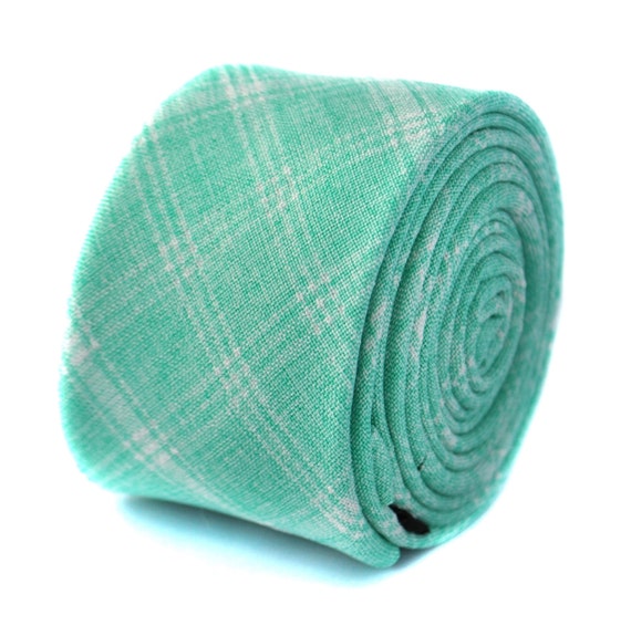 light sea green check cotton skinny tie by Frederick Thomas FT1980