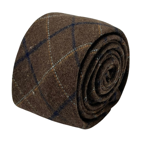 Frederick Thomas chocolate brown tweed 100% wool tie with blue check classic country traditional