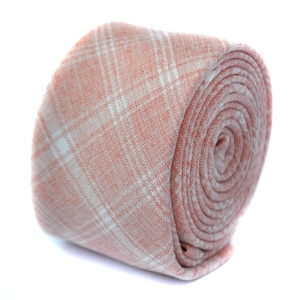 skinny peach orange and white checked linen tie by Frederick Thomas FT1957
