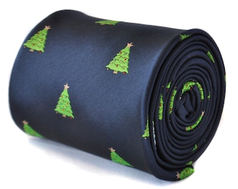 navy blue tie with christmas tree design embroidered design with signature floral design to the rear by Frederick Thomas FT2113