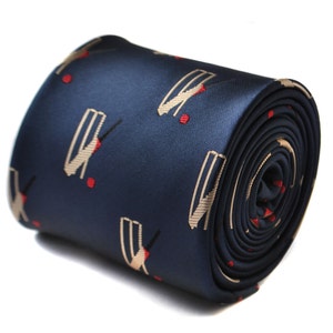 navy tie with cricket stumps design with signature floral design to the rear by Frederick Thomas