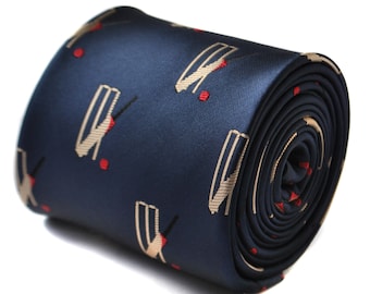 navy tie with cricket stumps design with signature floral design to the rear by Frederick Thomas