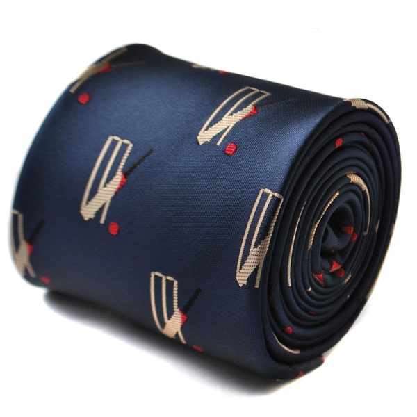 navy tie with cricket stumps design with signature floral design to the rear by Frederick Thomas