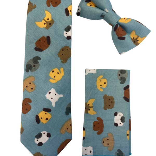 Frederick Thomas medium denim blue dog puppy design matching cotton neck-tie pocket square bow-tie