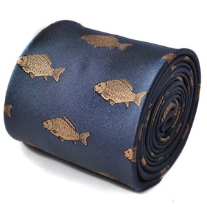 May include: A dark blue silk tie with a repeating pattern of gold carp fish.