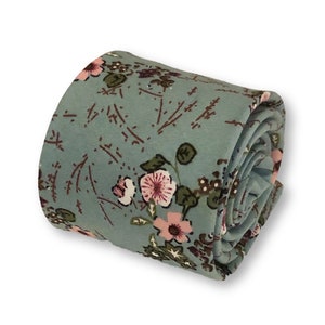 duck egg blue mens cotton tie with pink floral design by Frederick Thomas