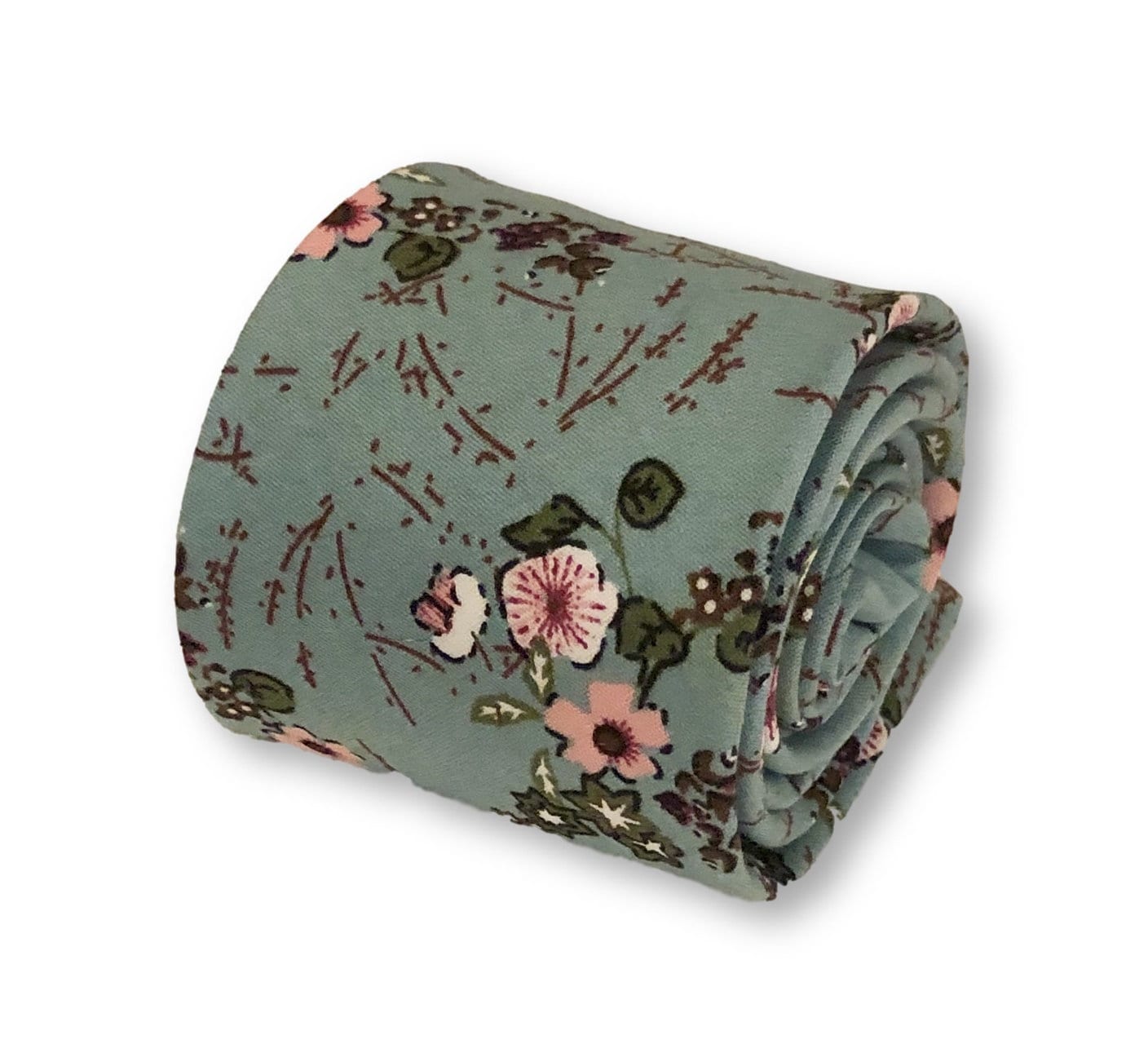 duck egg blue mens cotton tie with pink floral design by Frederick Thomas