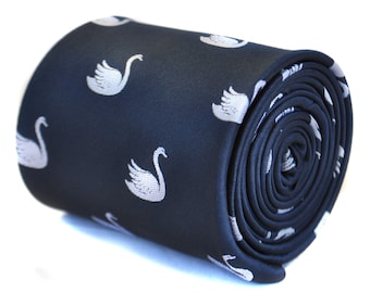 navy blue tie with white swan design with signature floral design to rear by Frederick Thomas