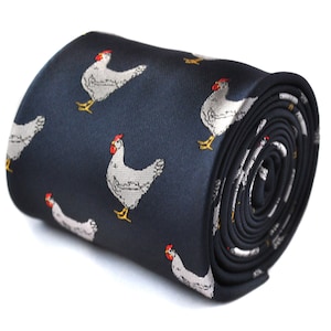 navy tie with chicken embroidered design with signature floral design to the rear by Frederick Thomas FT1531 image 1
