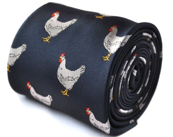 navy tie with chicken embroidered design with signature floral design to the rear by Frederick Thomas FT1531