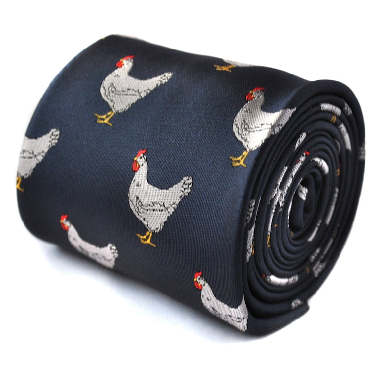 navy tie with chicken embroidered design with signature floral design to the rear by Frederick Thomas FT1531 image 1