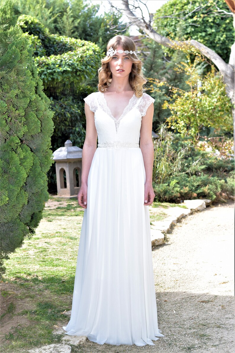 Iris Romantic wedding dress with lace top and chiffon skirt | Etsy