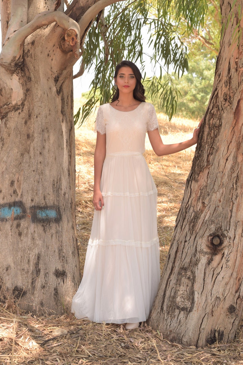 White Vintage Wedding Dress W Sleeves Clara Etsy