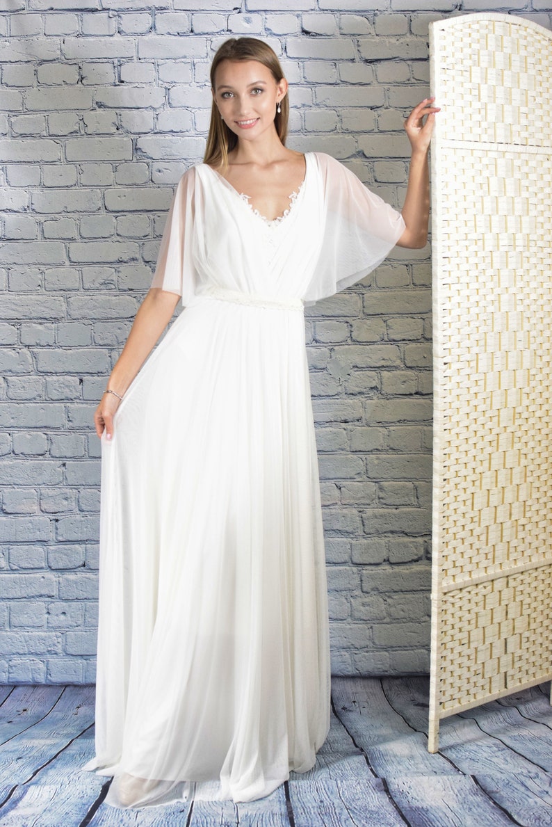 Ivory bat sleeves wedding dress Maxi chiffon Simple wedding Etsy