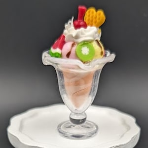 Doll Miniature Sundae, Mini Colorful Sundae with Fruit and Cookies 1 1/2&quot;