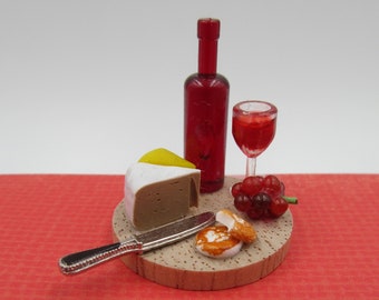 Dollhouse Miniature Wine and Cheese Plate, Mini Wine Cheese Crackers