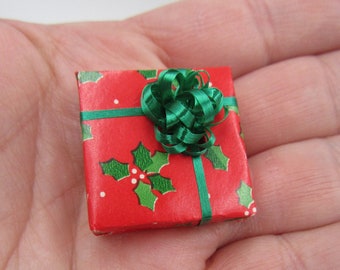 Miniature Christmas Present, Mini Holly Gift, Dollhouse Christmas Gift