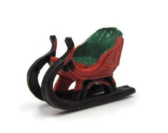 Miniature Christmas Sleigh, Red Plastic Sleigh Vintage Inspired Painted Plastic