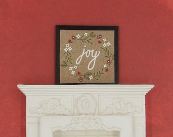 Dollhouse Miniature Christmas Print, Framed Joy Wreath Painting, Mini Christmas Sign