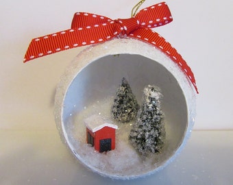 Handmade Covered Bridge Barn Winter Wonderland Ornament, Christmas Diorama, Vintage Style Christmas Ornament