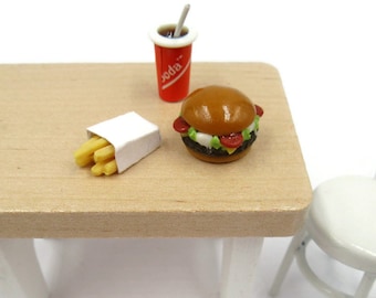 Miniature Burger Fries Soda,  Mini Fast Food Lunch Dinner, Dollhouse Hamburger French Fries, Dollhouse Miniature Meal Set