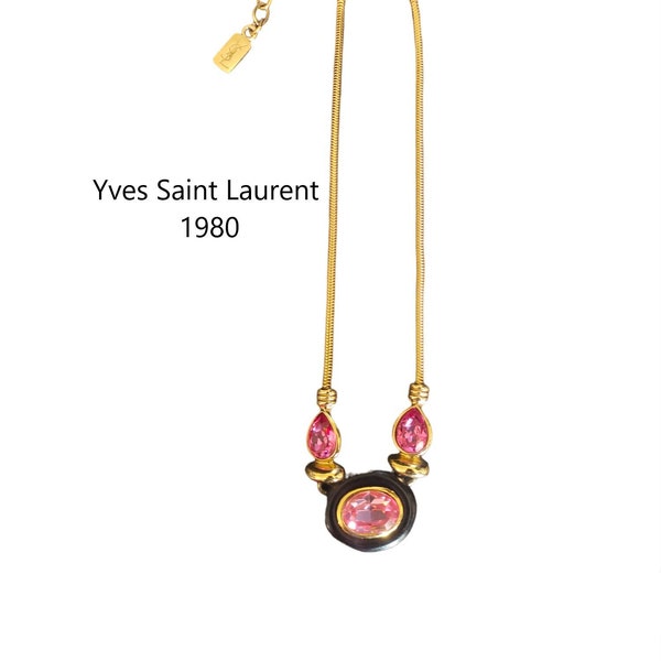 Yves Saint Laurent - bijoux/collier, maille serpent, cristaux roses, bois précieux, vintage années 80