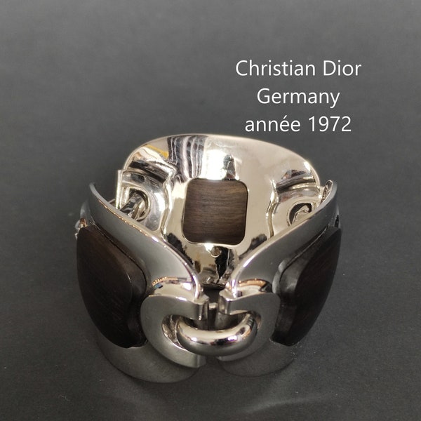 Christian Dior - Germany- bijoux/bracelet en métal argenté et bois exotique - vintage année 1972