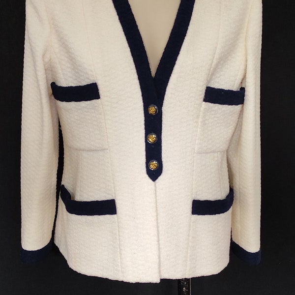 CHANEL - veste tweed de laine  écru/bleu marine - vintage années 80 - taille 40FR
