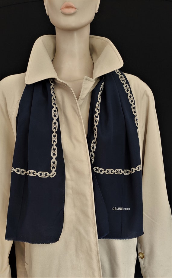 Céline Paris - navy blue silk scarf, chain patter… - image 1