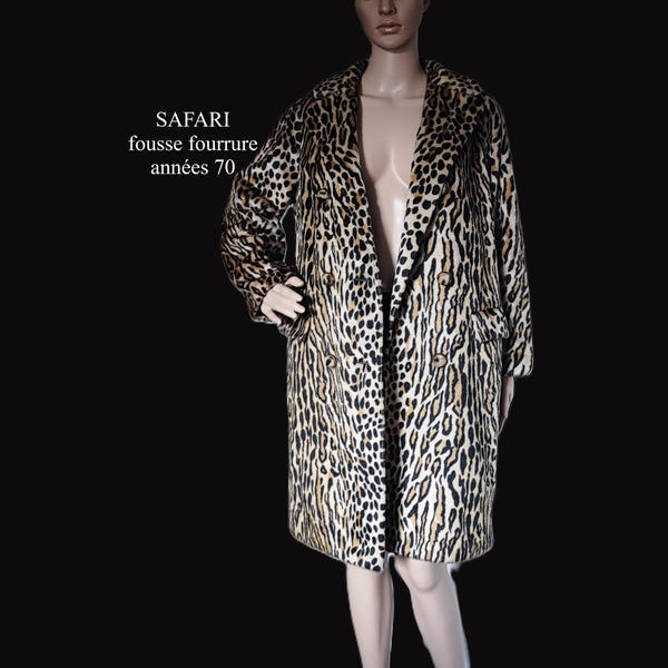 SAFARI - leopard print faux fur coat - vintage 1960s - size 36FR