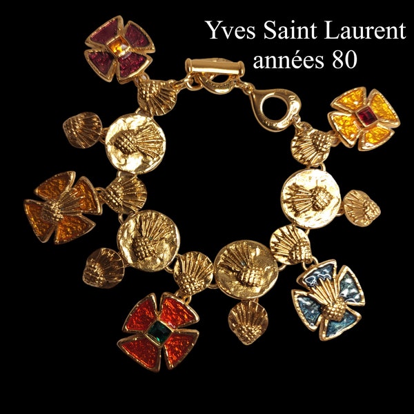 Yves Saint Laurent - bijoux/bracelet à breloques, émaux, croix de malt, métal doré, vintage années 80