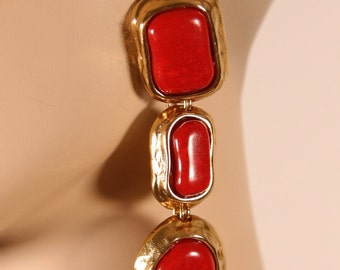 Yves Saint Laurent - bijoux/boucles d'oreilles/clips - métal doré résine rouge - vintage années 80