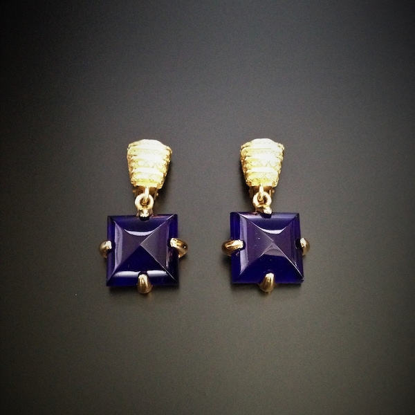 Christian Dior  - bijoux/ boucles d'oreille/clips  en verre biseauté  bleu cobalt- vintage années 80