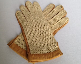 Gloves in camel skin and ecru crochet (cotton) top - vintage 60s/70s - size 7 1/2