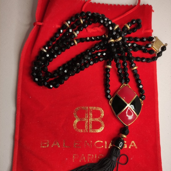 Balenciaga - bijoux/collier/sautoir perles de jais et émaux rouge et noir - vintage années 80