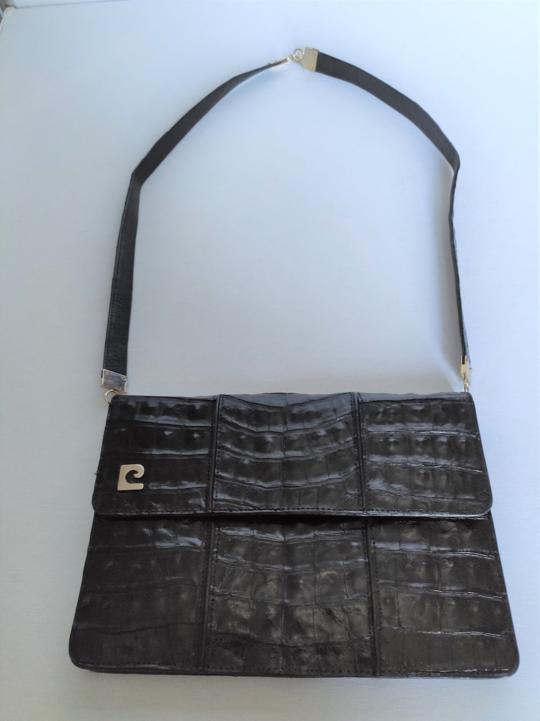 PIERRE CARDIN クロコ ハンドバッグ 2way ショルダーバッグ Pierre Cardin - Black Crocodile-effect Leather Handbag/clutch