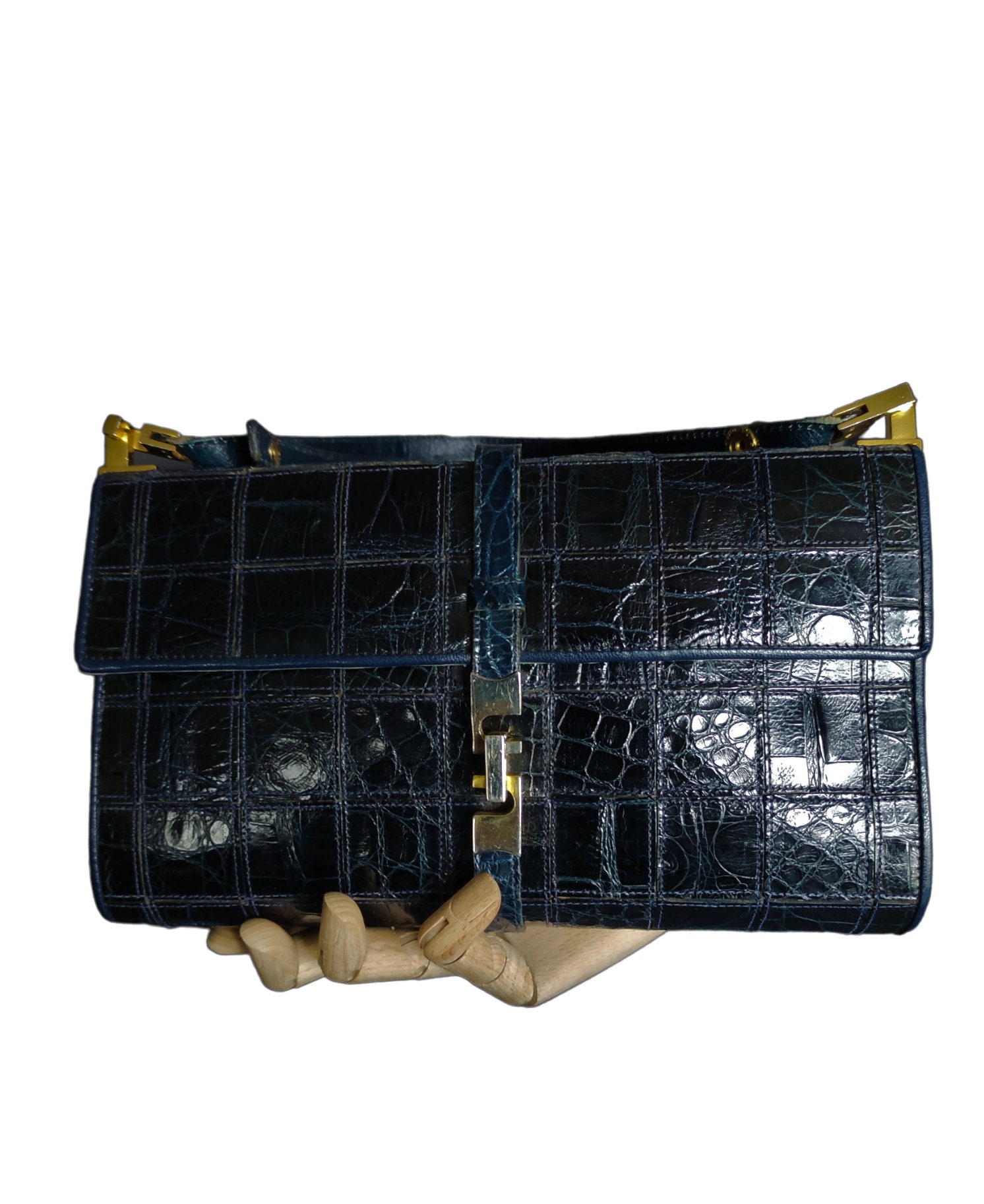 Marineblaue Ledertasche im Krokodil-Stil – Vintage 70er Jahre