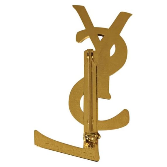 YVES SAINT LAURENT - Large Gold Metal Logo Brooch - Vintage YVES SAINT LAURENT - Large Gold Metal Logo Brooch - Vintage