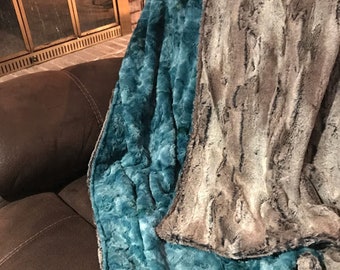 Personalized Luxe Fox Minky Adult Blanket, Teen Blanket, Dorm Throw, Teals, Grays, and Brown