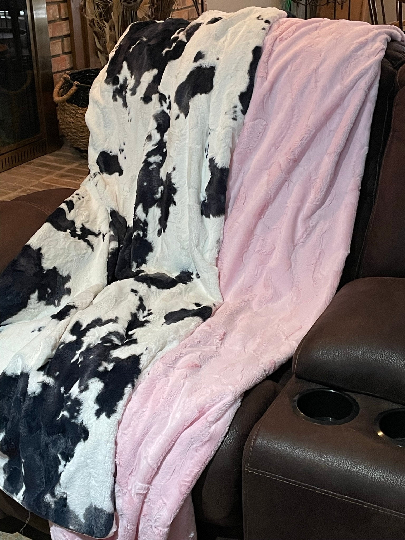 Personalized Black and White Cow Hide Luxe Minky and Light Pink Minky Adult Blanket, Teen Blanket, Dorm Throw,