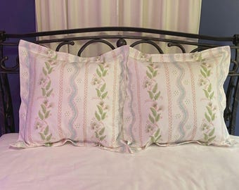 Pink, Blue, and Green Floral Stripes & Vines Standard, King, Euro Shams