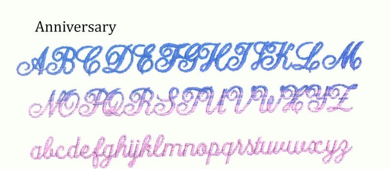 May include: A cursive font alphabet in blue, purple, and pink. The word "Anniversary" is above the alphabet. The uppercase letters are blue, the middle row is purple, and the lowercase letters are pink.