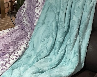 Personalized Aqua Luxe Minky and Lavender Lynx Luxe Minky Adult Blanket, Teen Blanket, Dorm Throw,