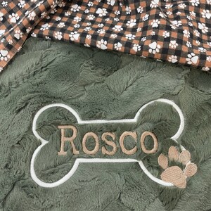 Personalized Dog/Puppy Flannel and Luxe Minky Blanket, Paw Print Plaid and Dark Green Pet Blanket, Doggy Security Blanket