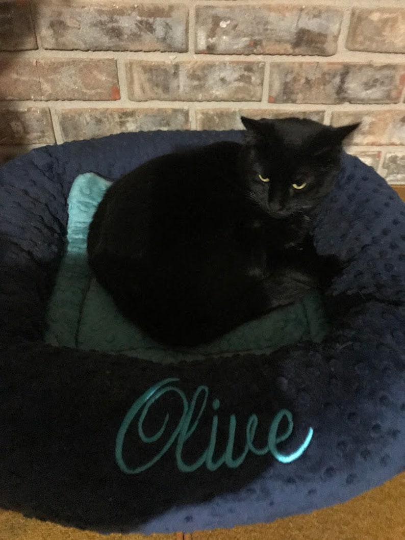 May include: A black cat rests in a navy blue pet bed with a teal interior. The bed has a textured surface and the name "Olive" embroidered in teal script. The background features a brick wall.