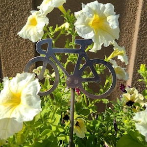 May include: A metal bicycle silhouette garden stake with white flowers in the background.