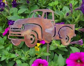 Metal RustyTruck Garden Stake, Rustic Garden Decor Yard Art Stake, Flower Garden Gift, Outdoor Decoration