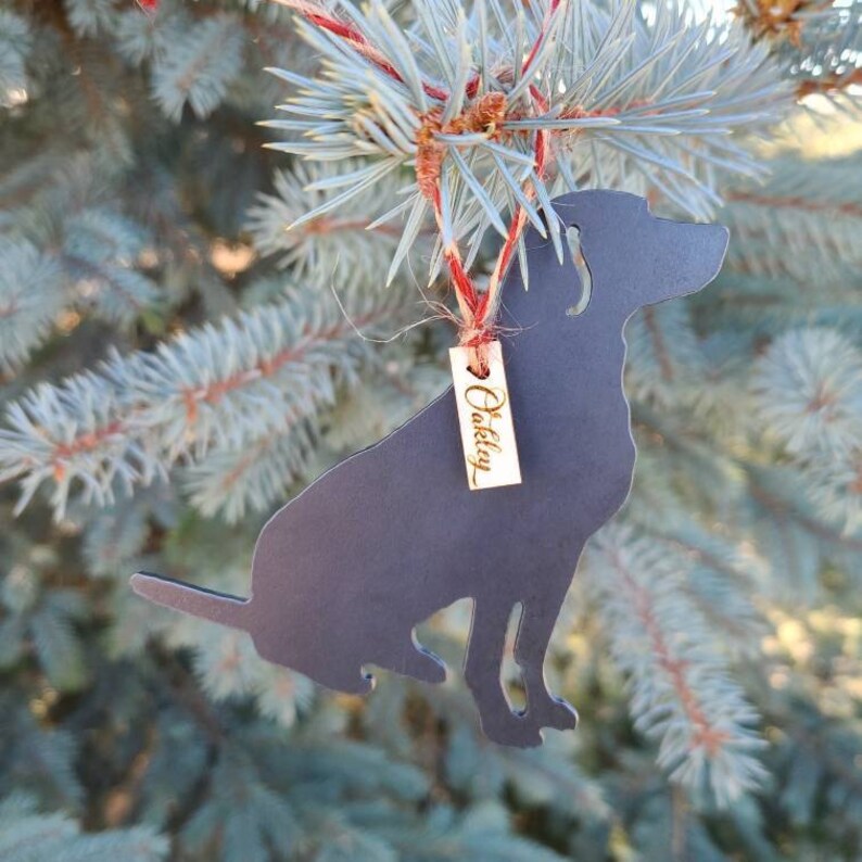 May include: A black metal dog silhouette Christmas ornament with a gold tag that reads "Oakley".
