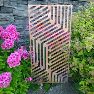 Metal Privacy Garden Fence Panel Screen, Geometric Design, Modern Wall Art, Rusty Garden Art