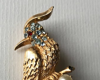 Vintage  Bird of Paradise Brooch - 1960s Unsigned Beauty - Gold Tone Metal and Rhinestones  Brooch - Statement Bird Pin- Animalistic Brooch